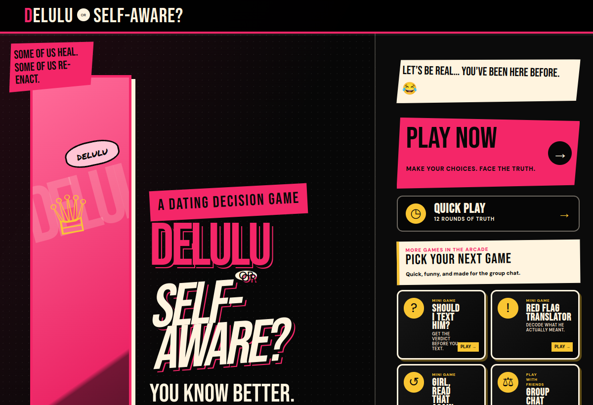 Preview of the HER Arcade Delulu or Self-Aware game and its mini-game cards